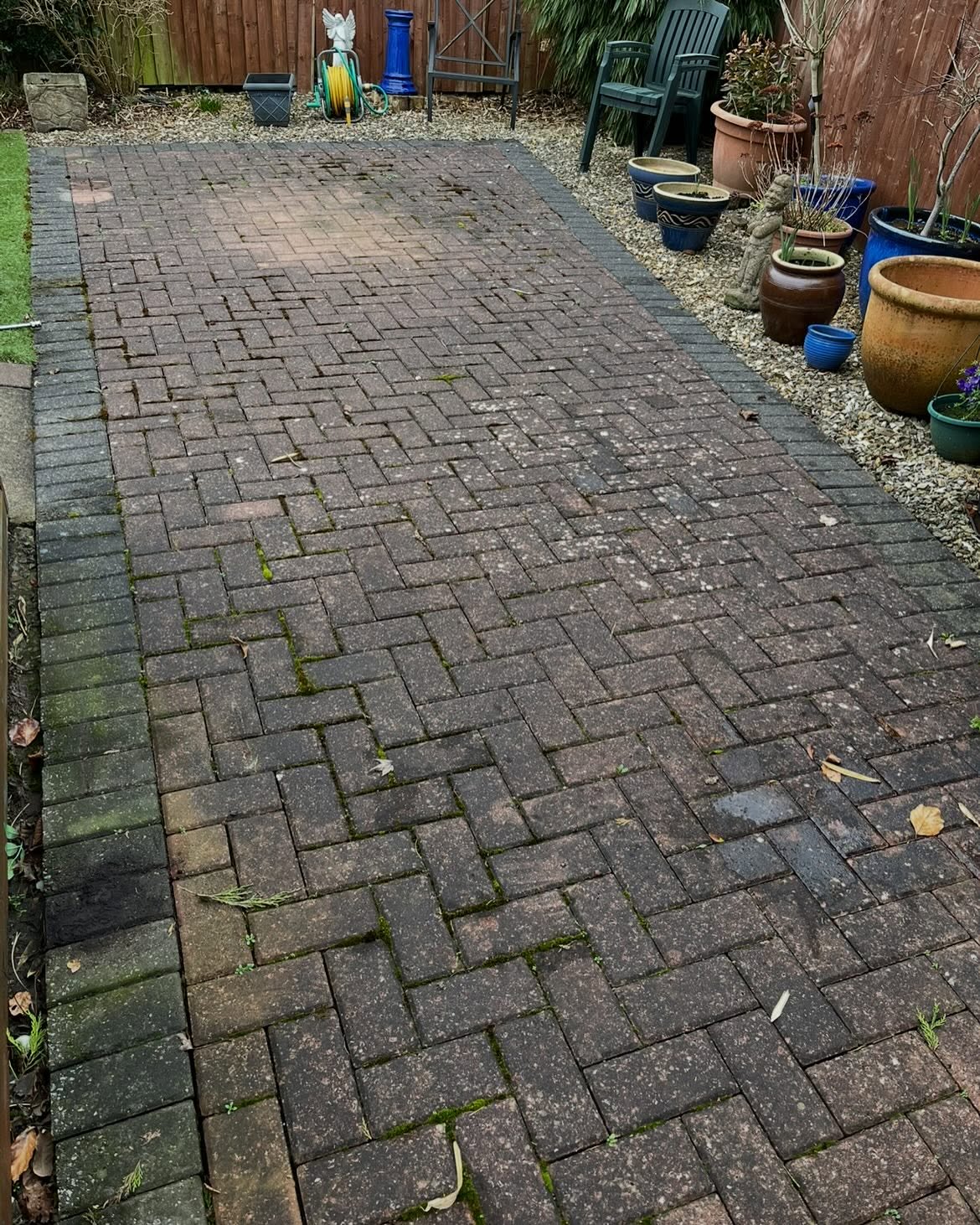 Garden patio before cleaning, Caerphilly